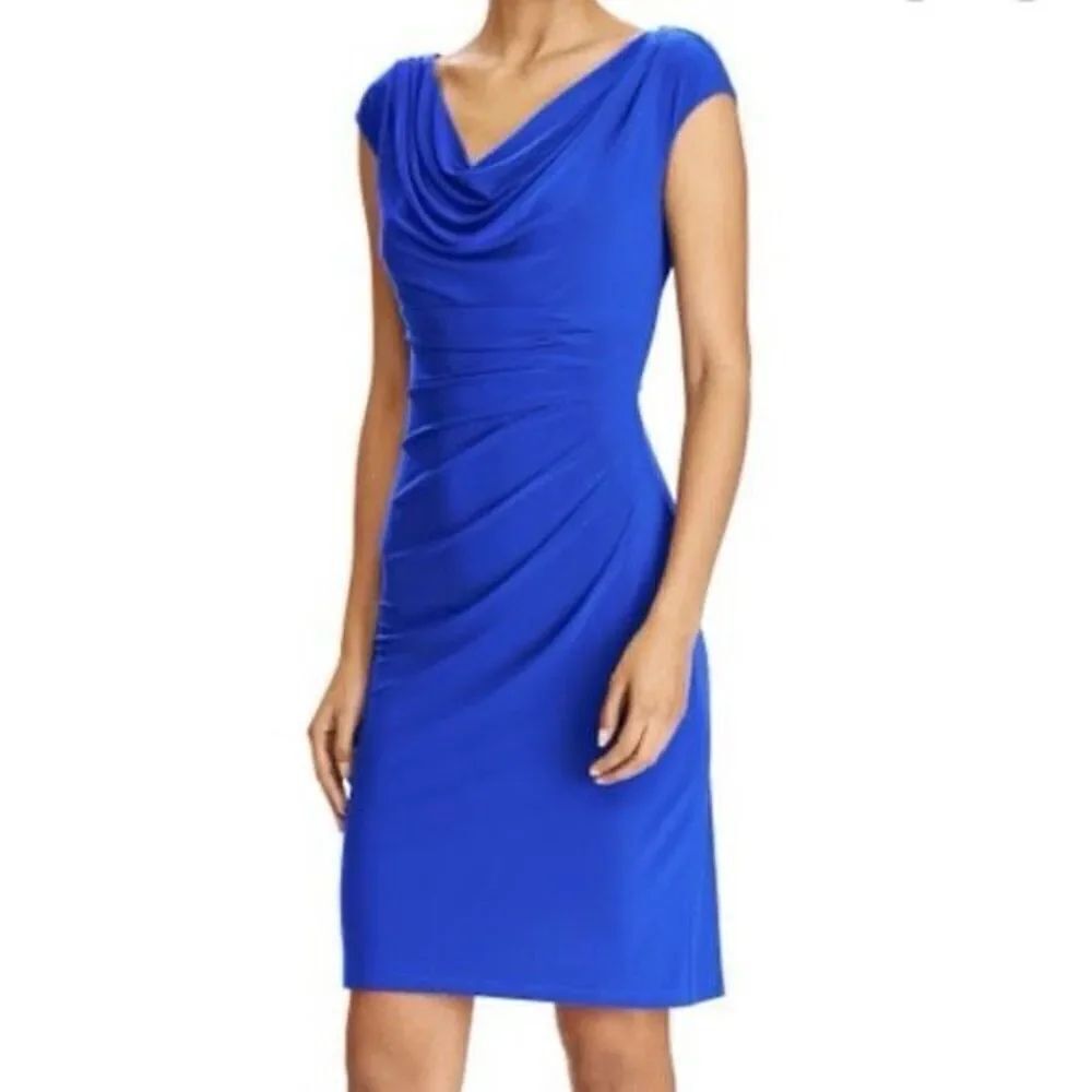 ✨Lauren by Ralph Lauren Cobalt Blue Draped Neck Side Ruched Sz 6 Dress✨